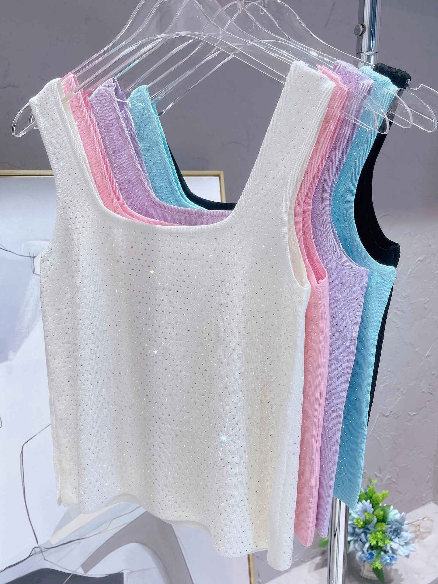 Shiny Diamond Full Body Square Collar Vest Ice Silk Knitted Camisole Women Sweet Candy Color Stretch Slim Fit Crop Top Female