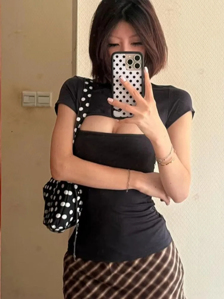 2026 Women Streetwear Sexy Hollow Out Tshirts Harajuku Vintage Solid Slim Fit Tees Two Side Wear Y2k Aesthetic Grunge T-shirt