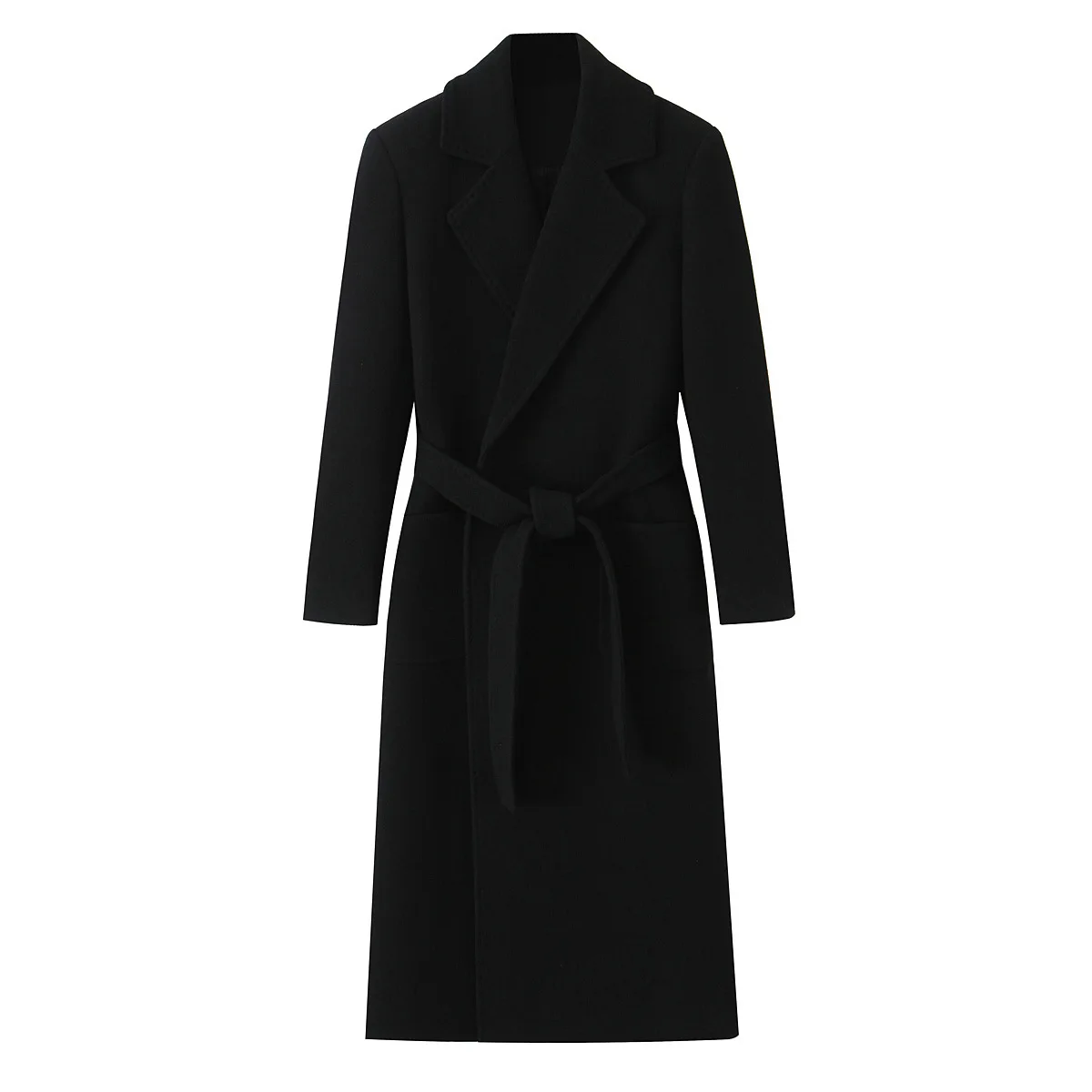 Women's Fashion Street Style Coat Women Black Long Wool Coat With Belt Elegant Wrap Style Overcoat For Formal Occasions M5KO