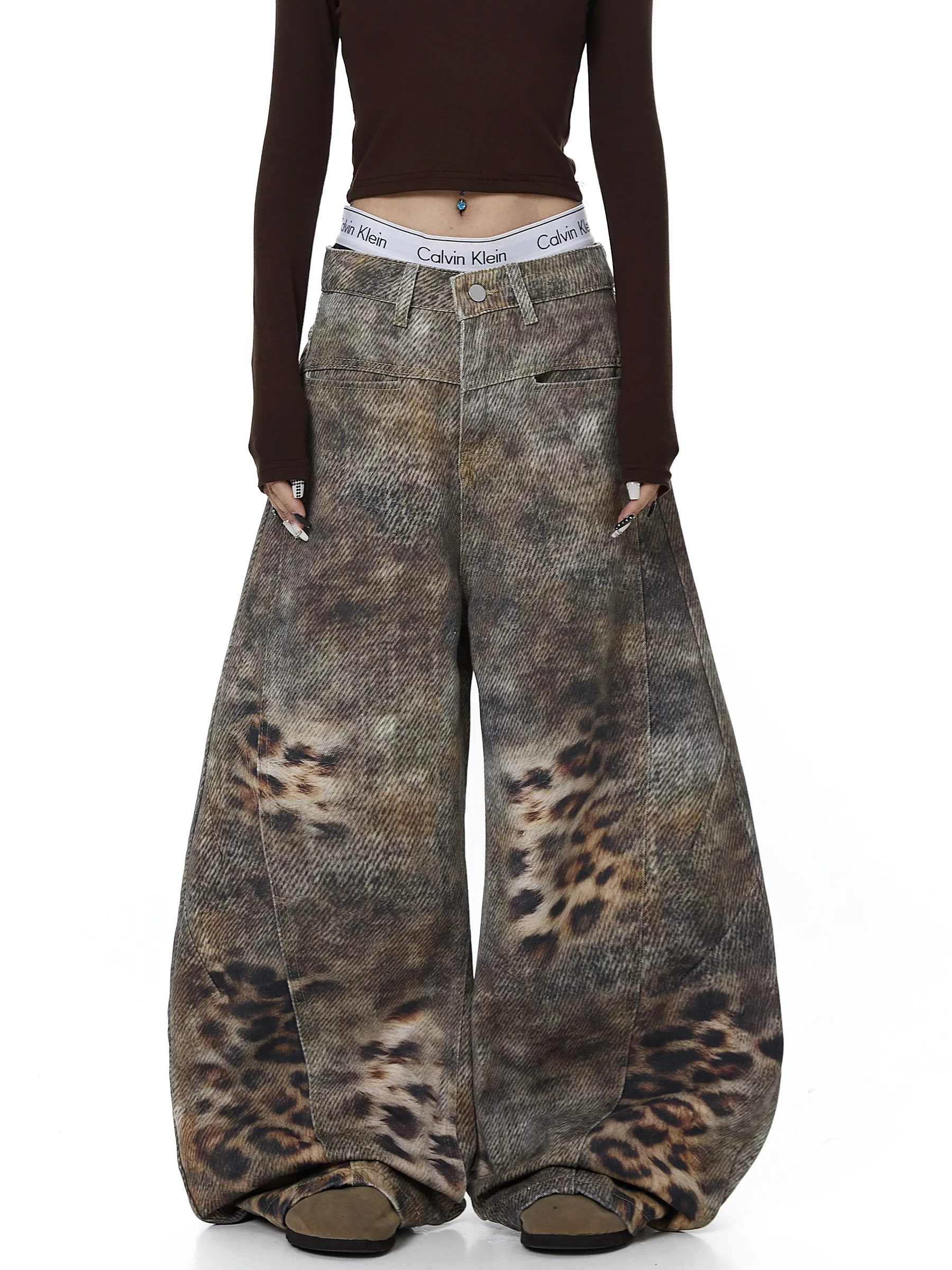 

Retro American Street 3D Printed Gradient Leopard Print Knife Jeans Loose Straight Leg Wide Leg Pants for Men And Women