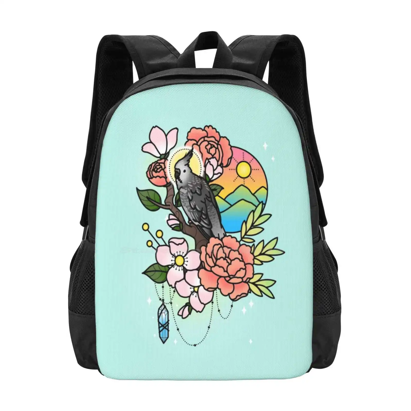 White-Faced Cockatiel Tattoo-Style School Bag Big Capacity Backpack Laptop Cockatiel Tattoo Flowers Bird Crystal Sunset