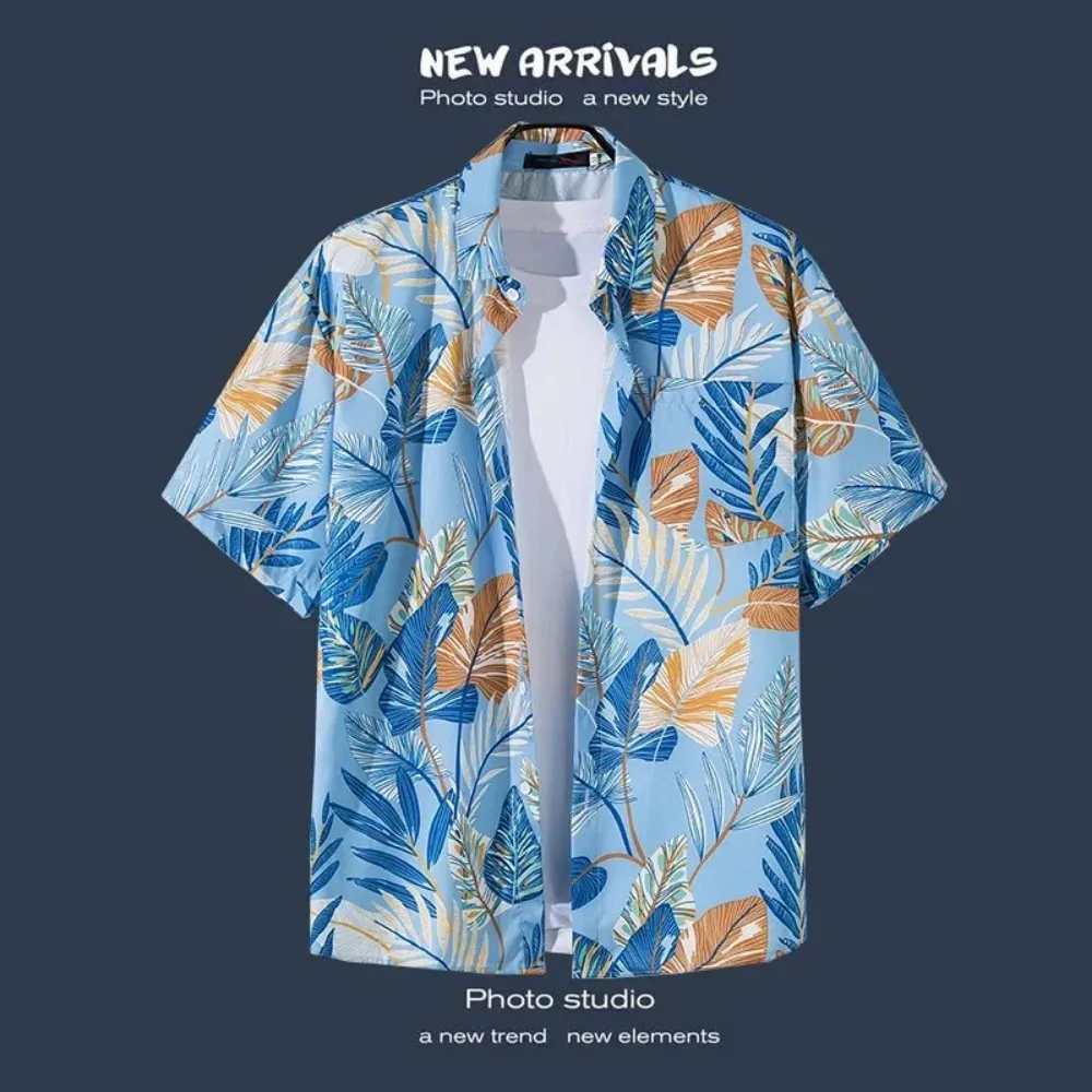 Retro Floral Short Sleeve Shirt Men Trendy Personalized Versatile Cool Five-point Sleeve Summer Hawaii Clothing Trend