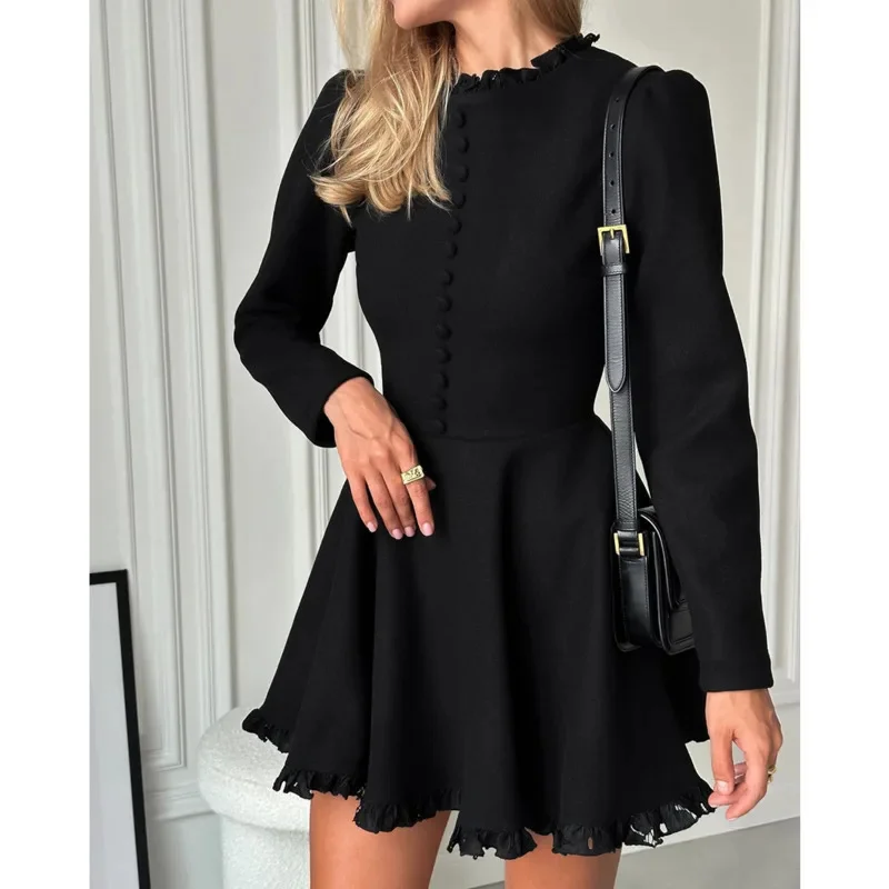 Mini Robe noire avec volants, col montant, manches longues, simple boutonnage, Style évasé, Slim et élégant, Robe de bal, nouvelle collection printemps 2025