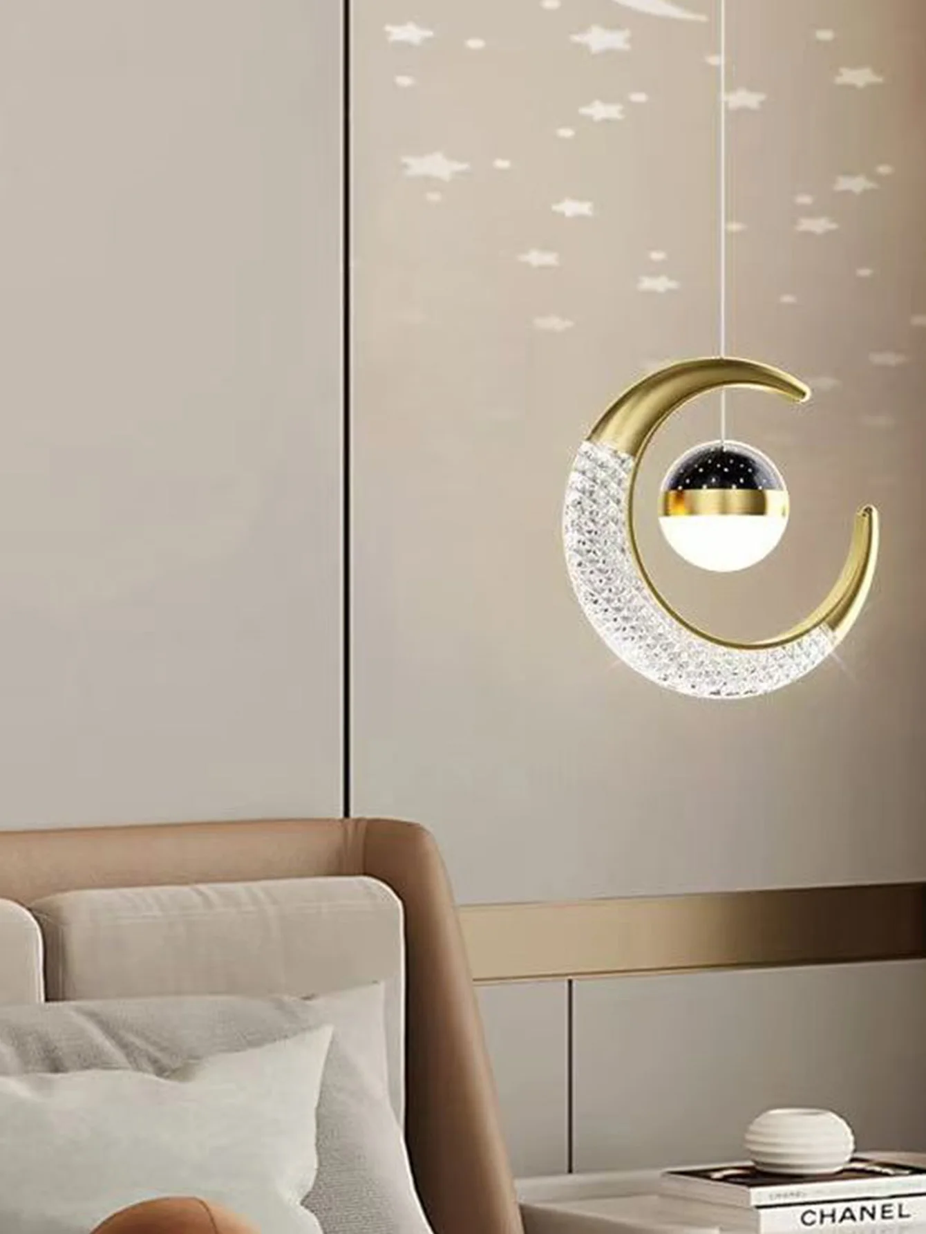 Image 7: Plafonnier LED créatif avec étoiles de lune plafonniers Asile modernes or/noir atmosphère plafond suspension lampe Loft éclairage