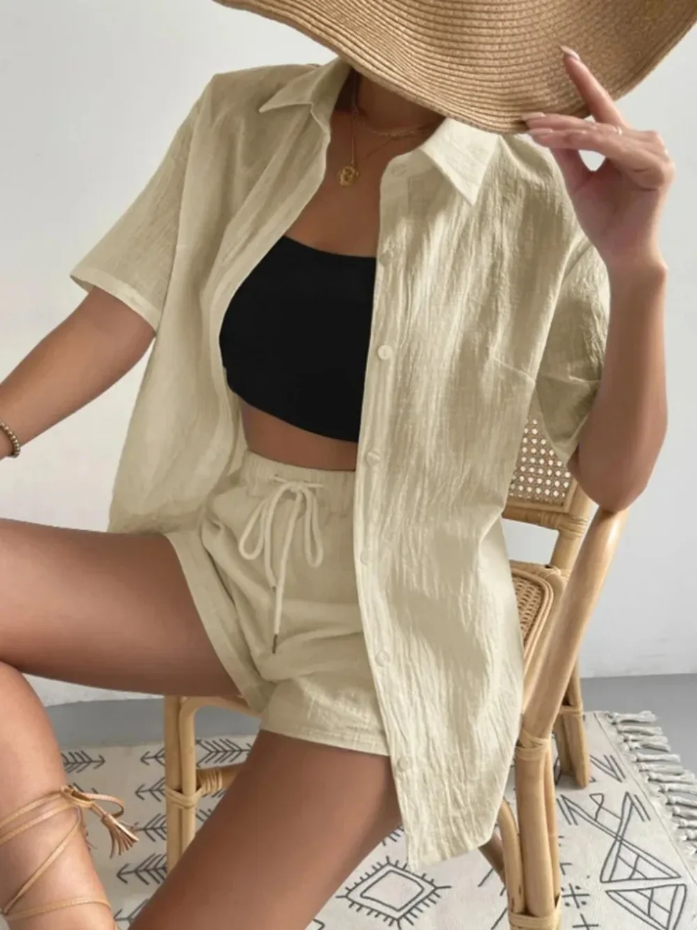 

Tracksuit Cotton Linen Two Piece Set Women Summer Casual Shirt Top Vacation Shorts Set Suit Beach Joggers 2022 Outfits Matching