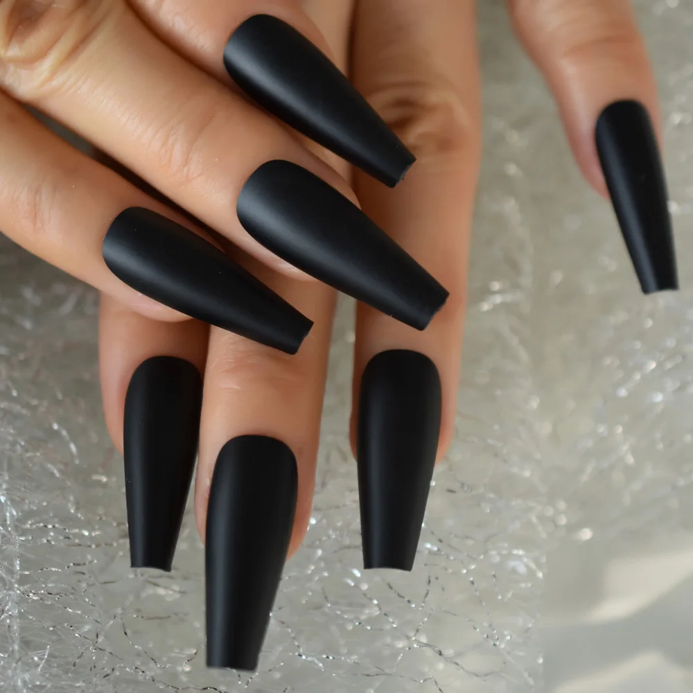 Solid Black Super Long Fake Nail Coffin Matte Press on Nails Frosted Ballerina Acryl Falsche Nägel Tipps Cosplay Party Salon Lady