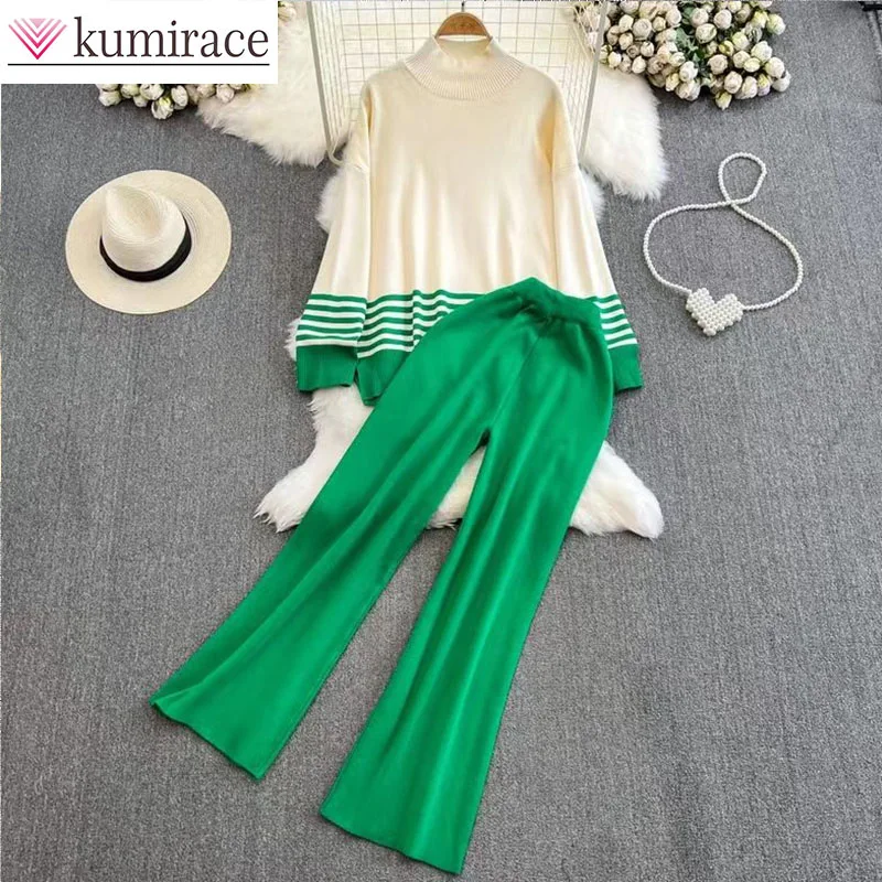 

Fashion casual knitted suit for women autumn and winter loose long sleeved contrasting top, high waist wide leg long pants