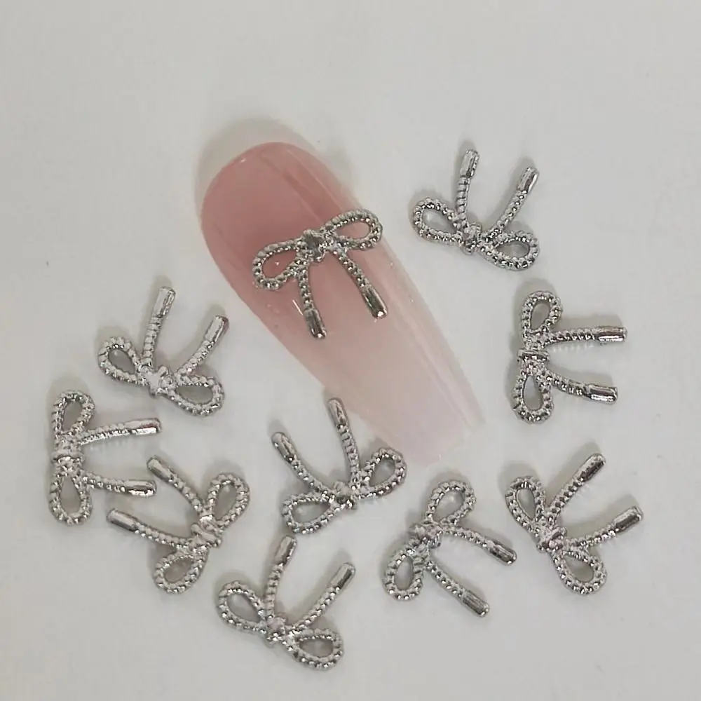 10pcs Metal Gold Silver Nail Art Charm Bow Bowknot Shaped Nail Rhinestone DIY Pearl 3D Nail Art Decoration Manicure Accessory