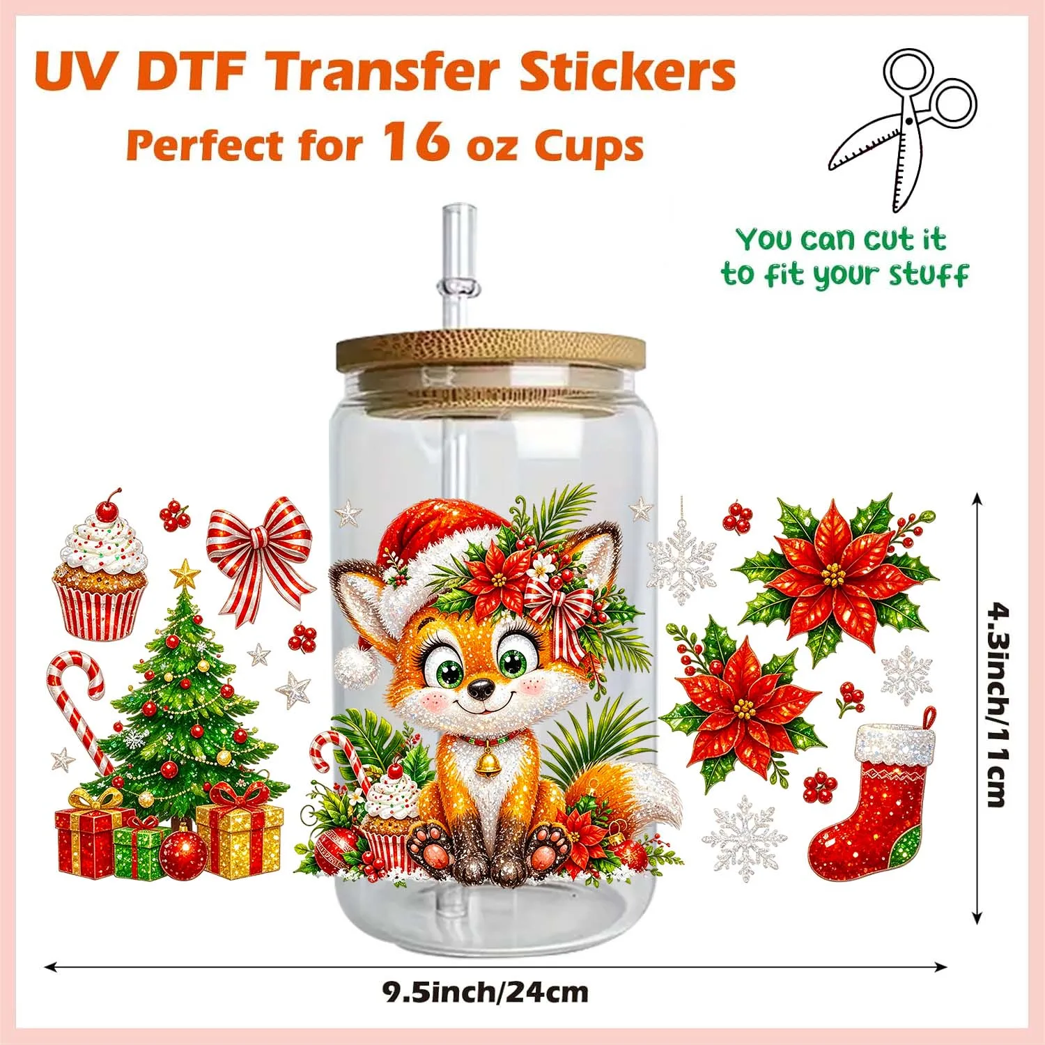 Merry Christmas Cute Animals 16oz UV DTF Transfer Sticker Waterproof DIY Decals 3D Transfers UVDTF Sticker 16oz UV DTF Cup Wraps