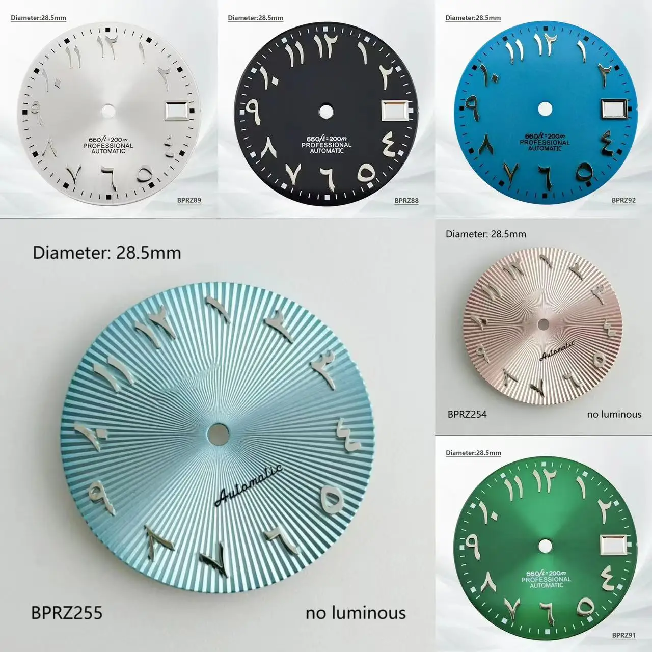 

28.5mm S Logo Arabic Dial Numeral Best-selling Blue Green Black Dial with NH35 NH36 Movement 29mm Non Luminous Dial