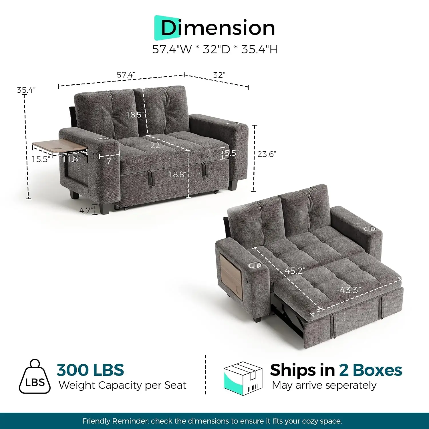 Modular Sectional Sofa Bed, Chenille Pull Out Couch 2 Seat Grey, Customized