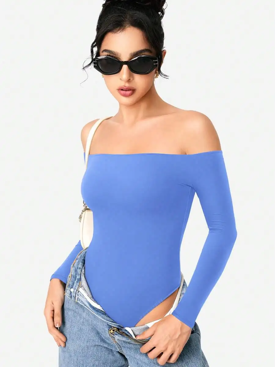 

Off Shoulder Long Sleeve Bodysuit Bodycon Slim Fit Y2K Style Going Out Top