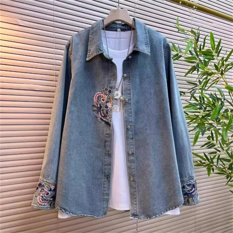 

Embroidered Shirt Women Denim Shirt Loose Cowboy Blouse Button Tops Autumn Woman Clothes Shirt Outwear Coat Female Jacket Blous
