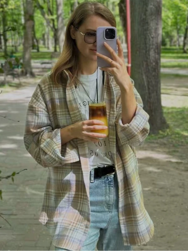 Faionable Oversize Plaid Long Sve irt Women's Vintage Sle Loose Fit Ladies' Blouse Casual Cheered Top