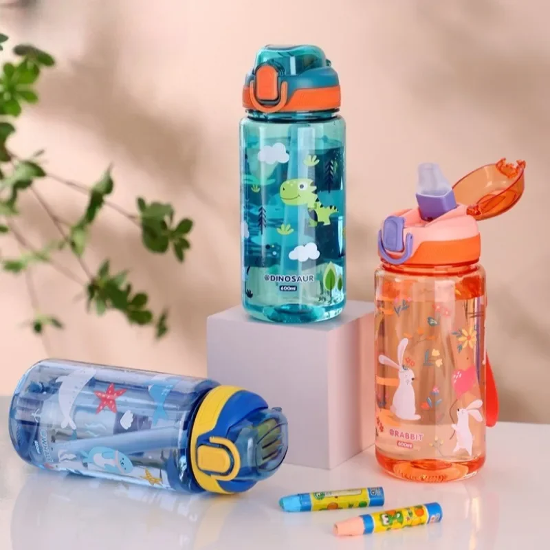 600ml Dinosaur Water Bottle for Children Sippy Cup with Silicone Straw Leakproof Plastic Drinking Bottles Summer Kids Water Cup