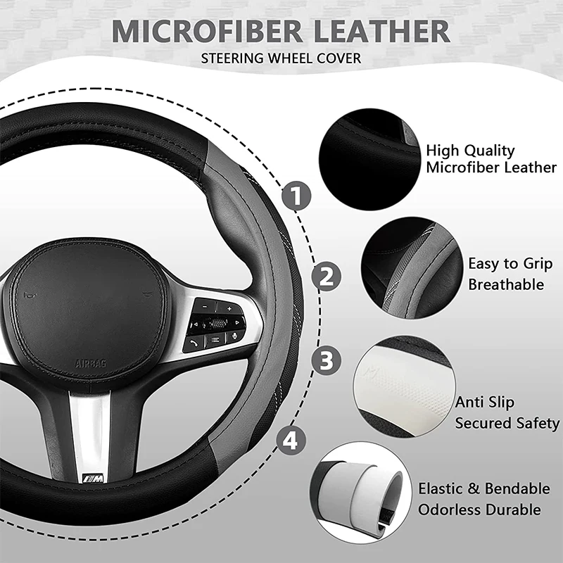 Microfiber Leather Steering Wheel Cover 15inch Universal Fit for Car, Truck, SUV, Van,Durable Anti-Slip Car Steering Wheel Cover