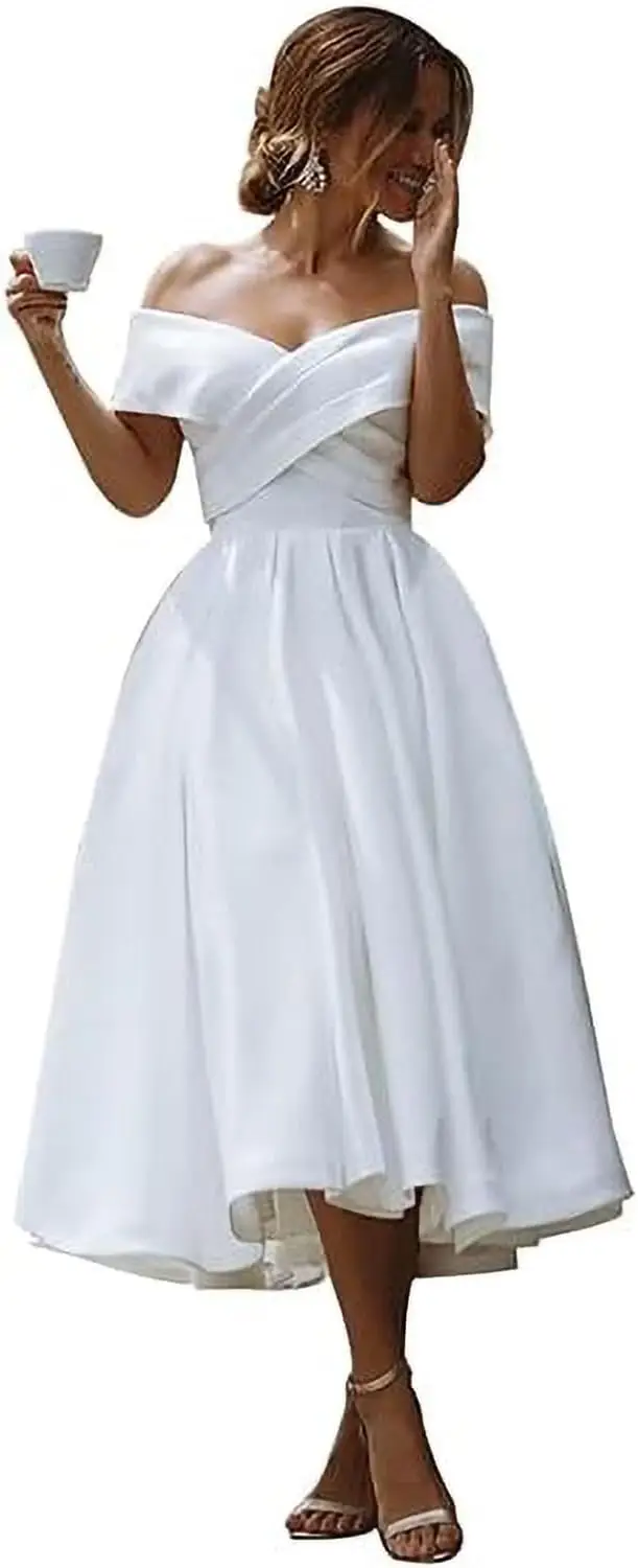 Abiti da sposa da donna con spalle scoperte per la sposa Lunghezza tè Abito da sposa in raso A Line Abito bianco Abito da matrimonio