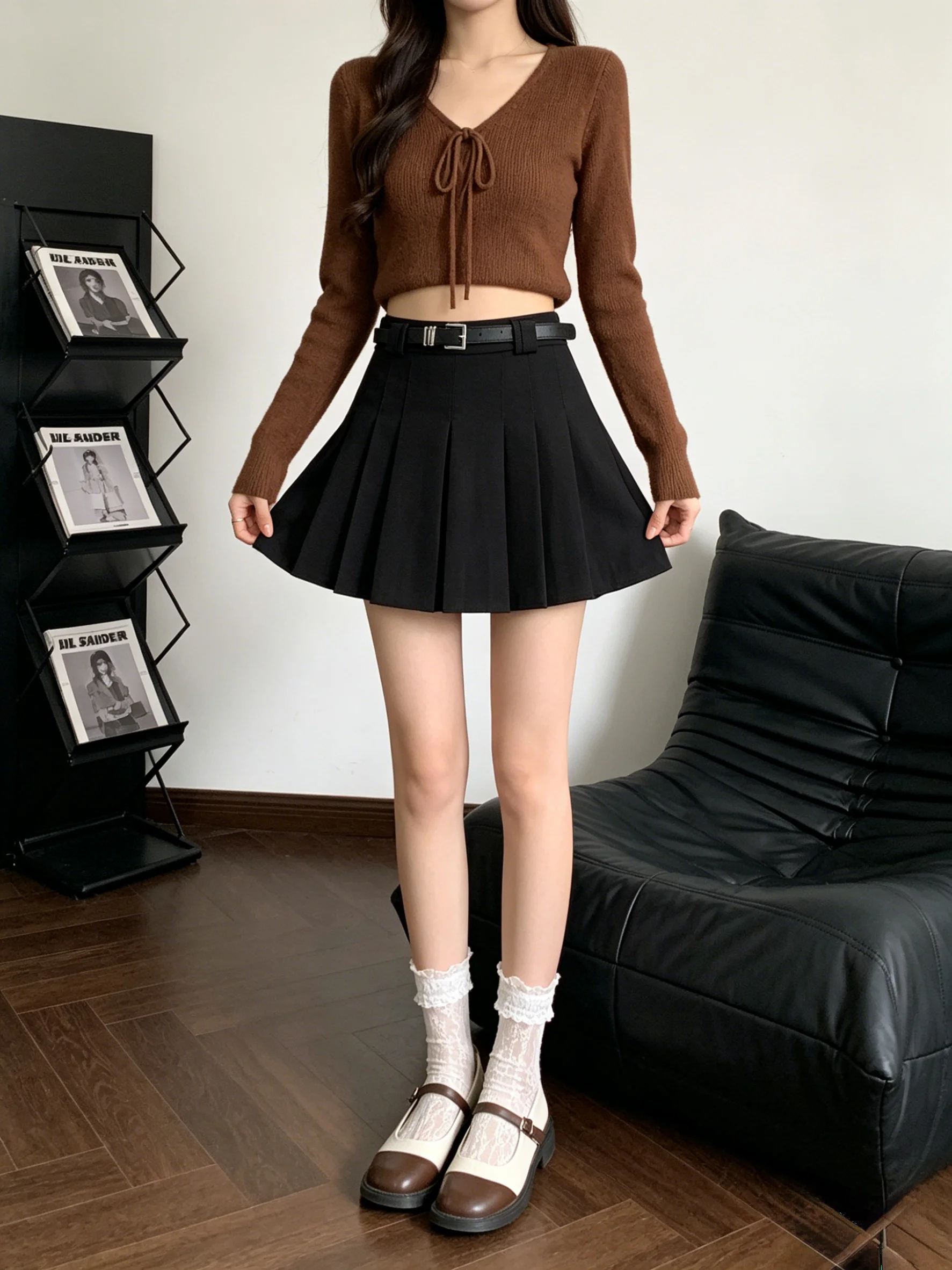 Black Suit Style Pleated  Skirt High Waist Korean Version Commute Style Women's Fashionable College Style Bottom Wear