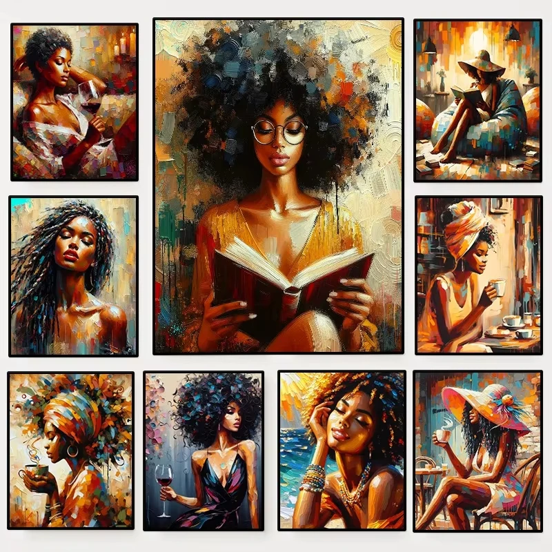 المرأة السوداء الأمريكية الأفريقية الاسترخاء المشارك فتاة باردة قراءة كتاب الأفرو حائط لوح رسم الفن لغرفة المعيشة ديكور المنزل