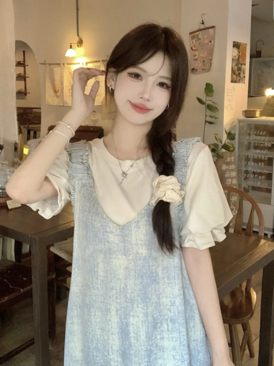 

plus Size Women's Korean Sle Tie Dye Floral ter Dr Summer Slimming A-Line Skirt Midi Length ort Sve round Ne