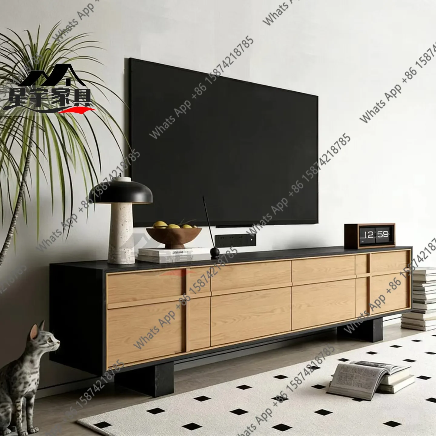 X65 Nordic Retro Teak Color Solid Wood TV Cabinet Storage Locker Integrated Floor Wabi Sandy Wind Designer Floor Cabinet