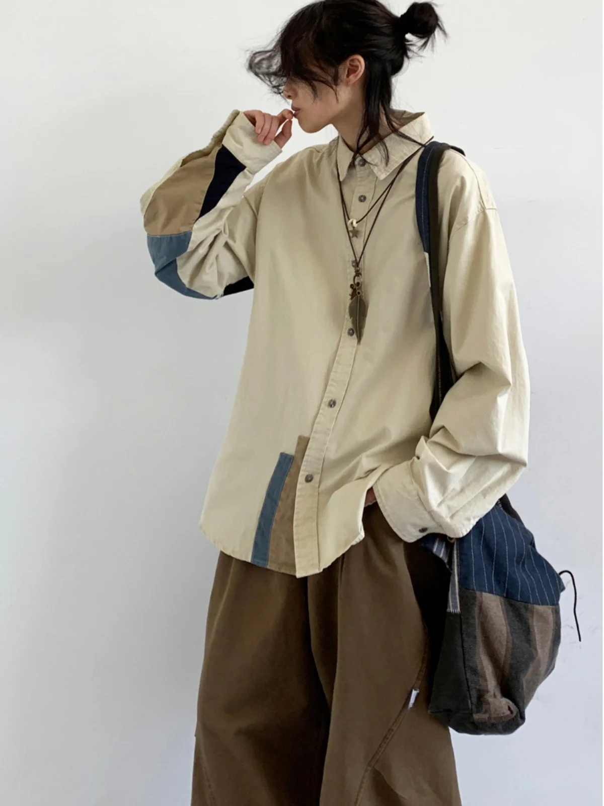 Loose Fit Retro Japanese Style Shirt with Patchwork Casual Long Sleeve Square Collar Men's Spring Autumn New Arrival