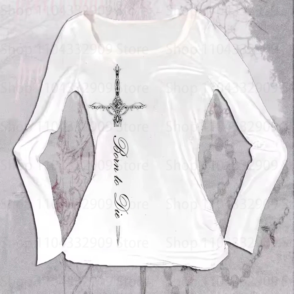 Gothic Grunge Punk Druck Damen Langarm T-Shirt Casual Slim Fit Sexy Chic Emo Mädchen Crop Top Y2K Harajuku Vintage Streetwear