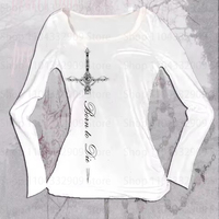 Gothic Grunge Punk Printing Women's Long Sleeve Tee Casual Slim Fit Sexy Chic Emo Girls Crop Top Y2K Harajuku Vintage Streetwear
