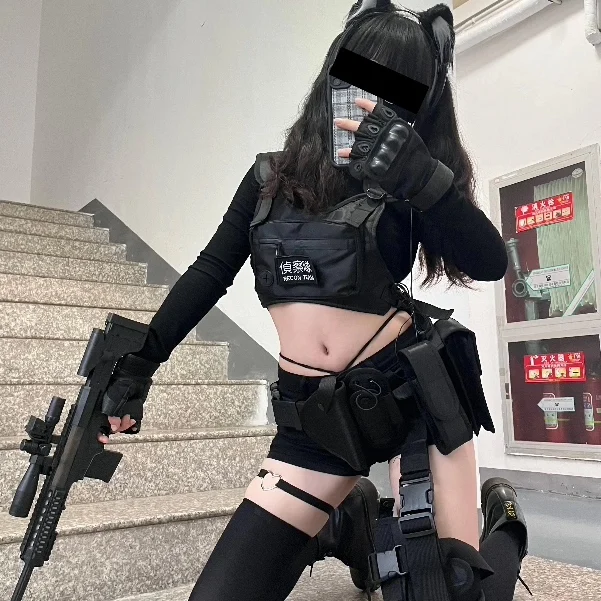 Military Tactical Cosplay Costume Set Face Covering Armed Girl Uniform Game Innerwear Gridded Pattern for Older Teens And Adults