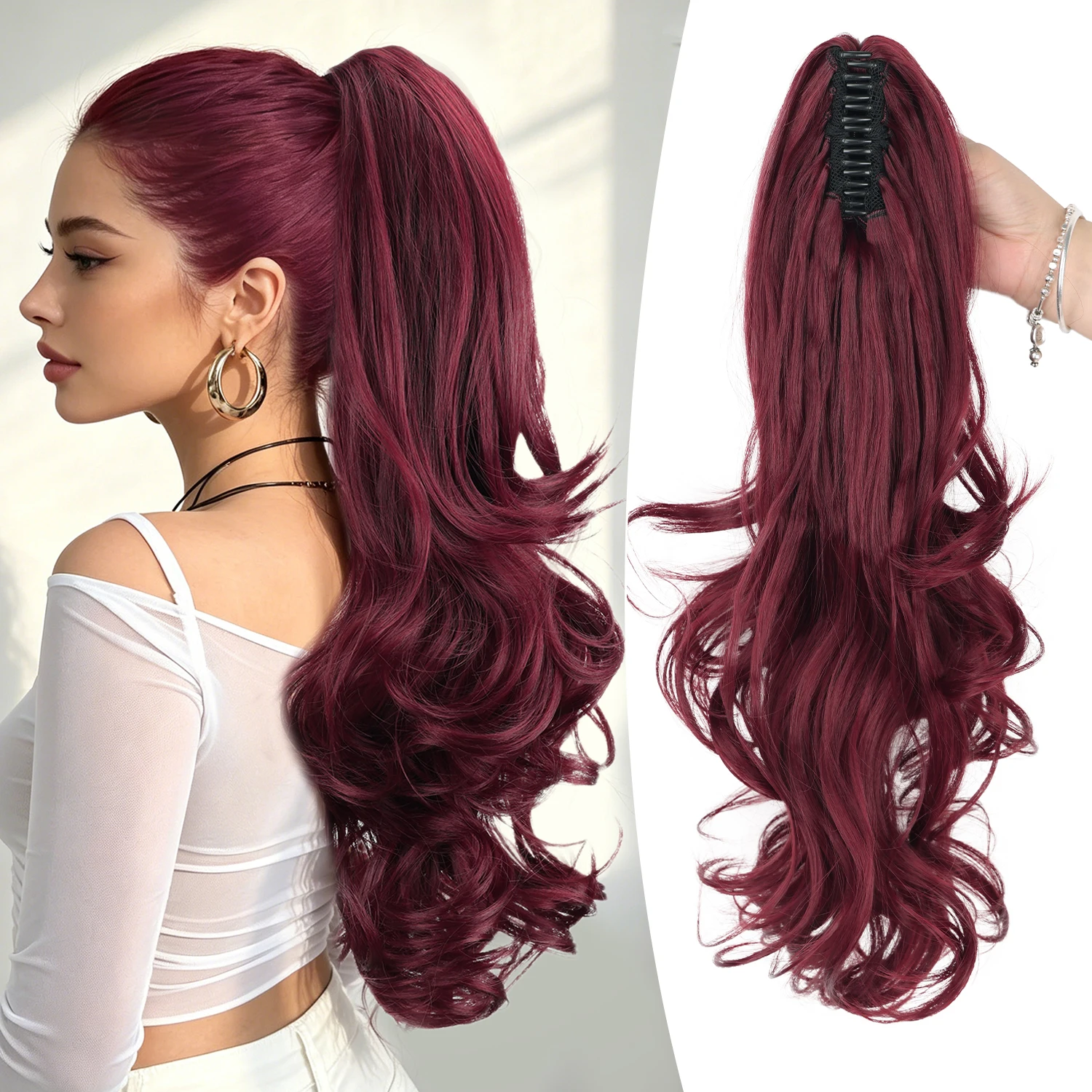Claw Ponytail Extensions 20inch Wavy Clip Claw Ponytail Hair Synthetic Burg hairpieces for Women Ladies Daily Party Holiday