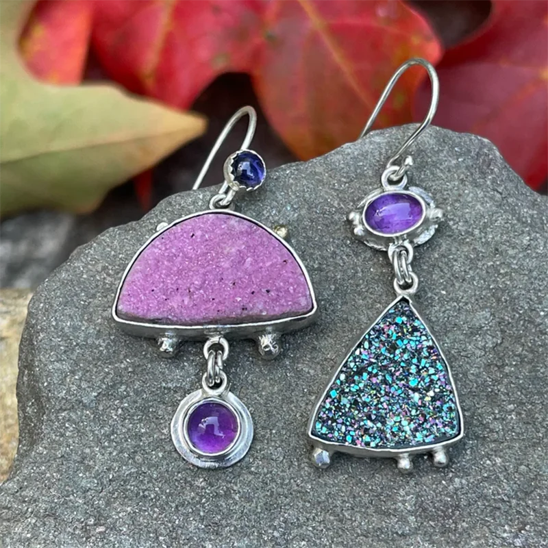 Exquisite Shiny Enamel Purple Stone Earrings New Fashion Jewelry Silver Color Statement Wedding Earrings Gift For Ladies