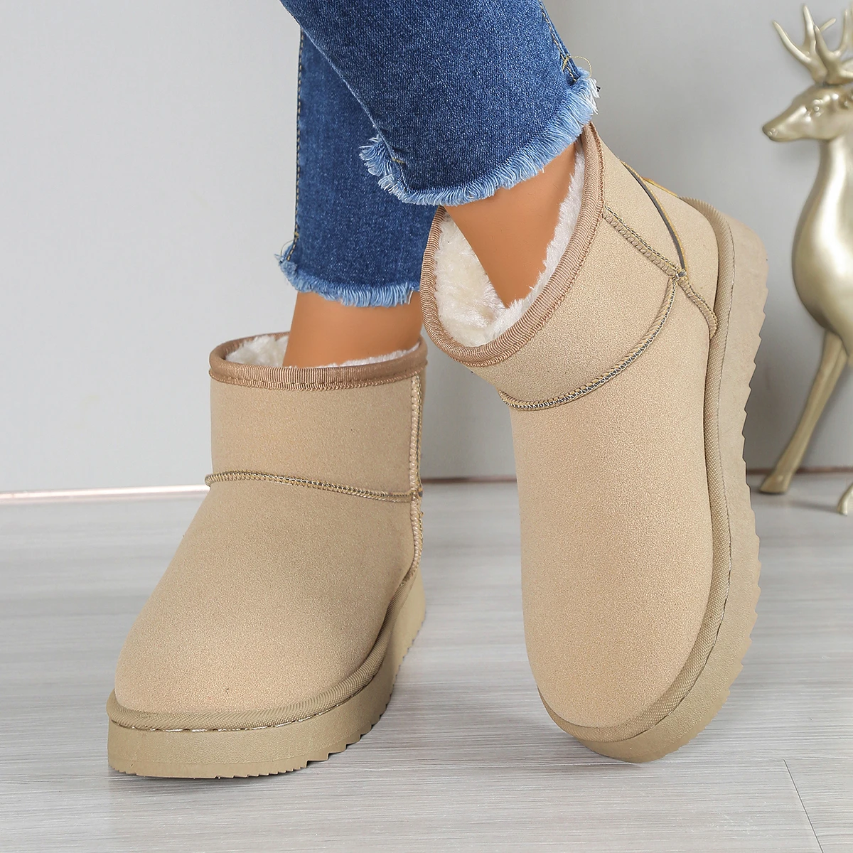 Damen-Schneestiefel im neuen Stil, dicke Sohle, mit Fleece gefüttert, kurze Stiefel, kältebeständige Stiefel, rutschfeste Winterschuhe, warme Schneeschuhe aus Baumwolle – Detail 13