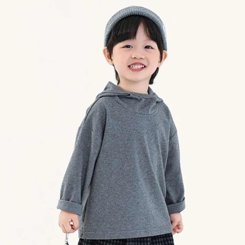 Children's Clothing Boys' Base Shirt Autumn and Winter New Item Korean Hooded Top Children's Winter Solid Color Interior