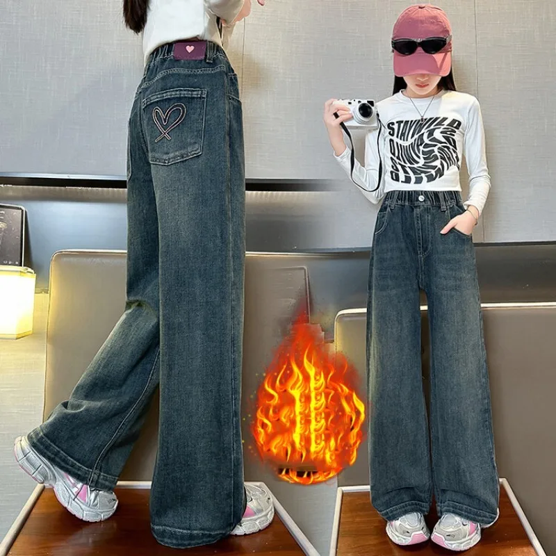 Winter 4-14Yrs Kids Girls Jeans UNITIM Fleece Thick Children Girls Denim Pants Love Pocket Teens Girls Integrated Straight Pants