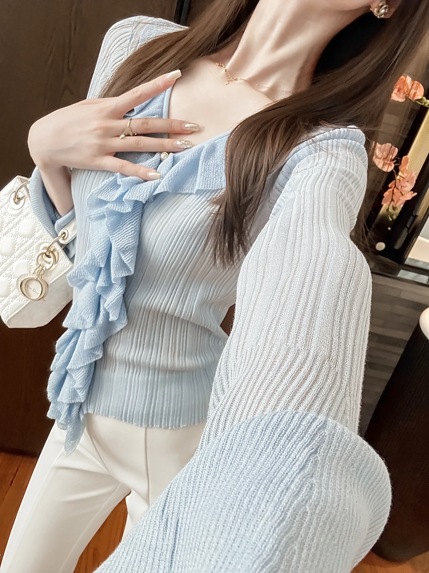 

Вязаная кофта Gentle Strike с длинными рукавами и V-образным вырезом, светло-голубая, с кружевом, дышащая, удобная, для женщин