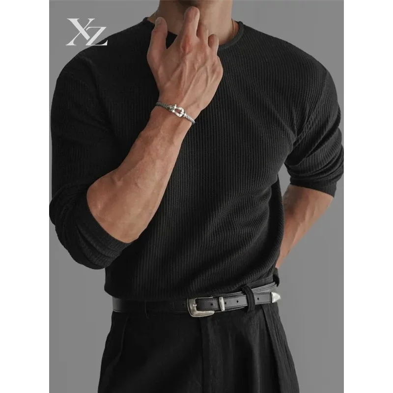 Premium American Retro Long Sleeve Knitted Plush Base Shirt Men's Loose Fit T-Shirt Mask Folded Muscle Texture Breathable Youth
