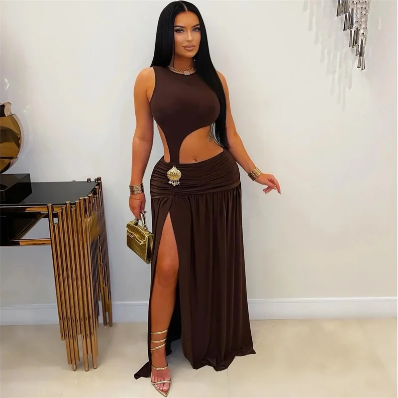 Sexy Cut Out Ruched A-line Birthday Dress for Woman Party Club Night Sleeveless O-neck High Split Prom Maxi Dresses Robe Femme