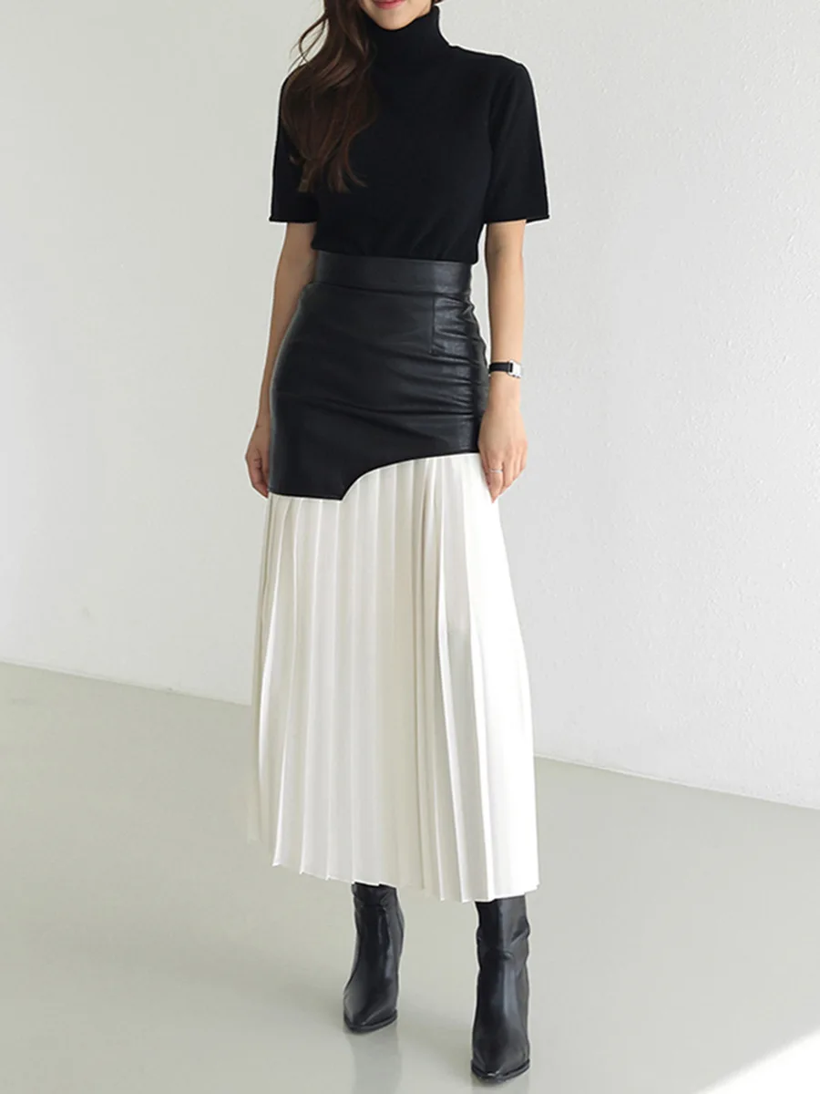 

2025 Autumn New Leather-inserted Color-block Pleated Skirt Women