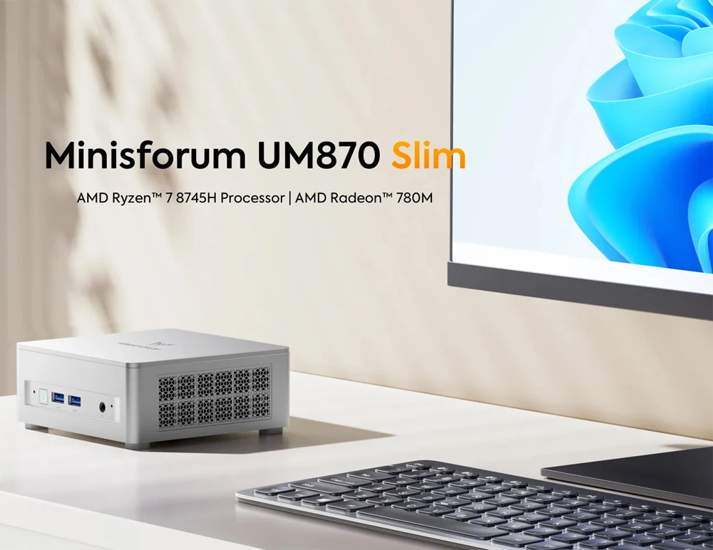 MINISFORUM 슬림 사무실 미니 PC, UM870, AMD Ryzen 7 8745H, USB4.0 2 * DDR5 2 * PCIE4.0 2.5G LAN, 휴대용 사무실 컴퓨터, Win 11, WiFi6E