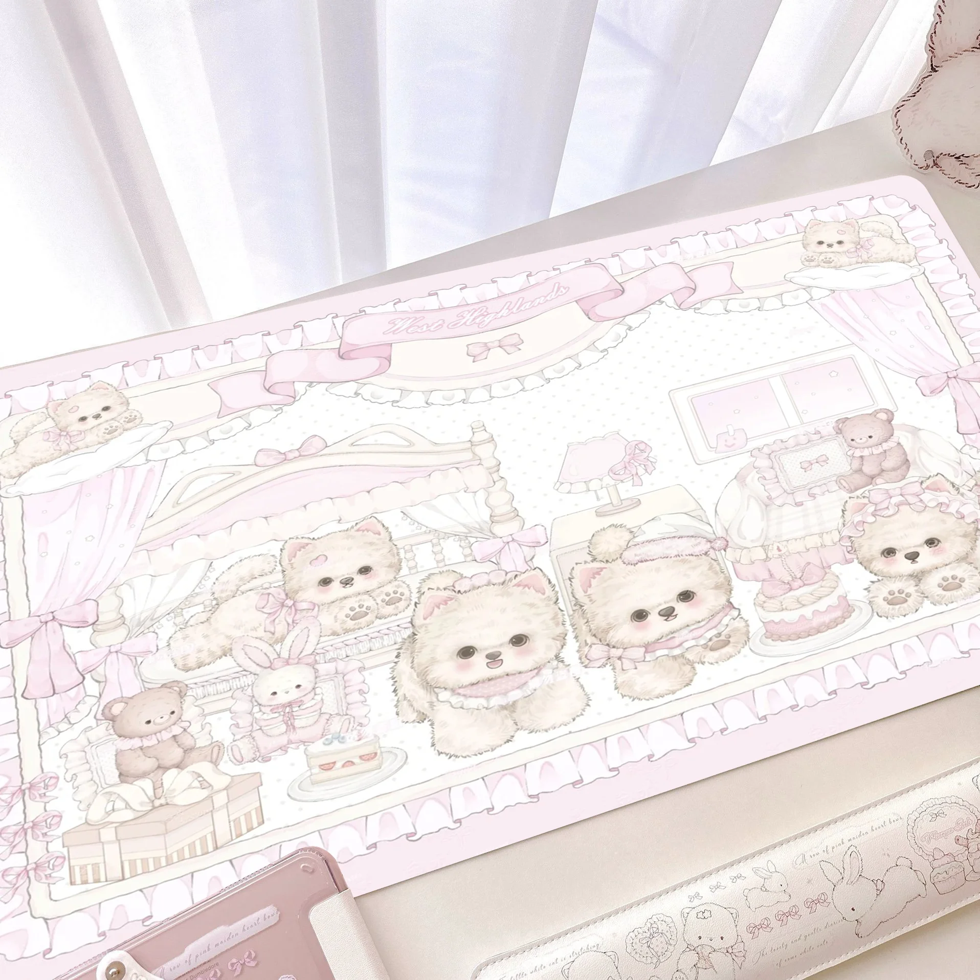 New Leather Desk Pad Protector Pink Cute Girl Heart Cat Kitten Mouse Pad Office Desk Mat Waterproof Non-Slip PU Desk Blotter Pad