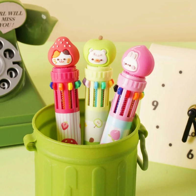 

24pcs/lot Kawaii Fruit Cat Rabbit Bear 10 colors Ballpoint Pen Cute Press Ball Pens School Office Writing Supplies