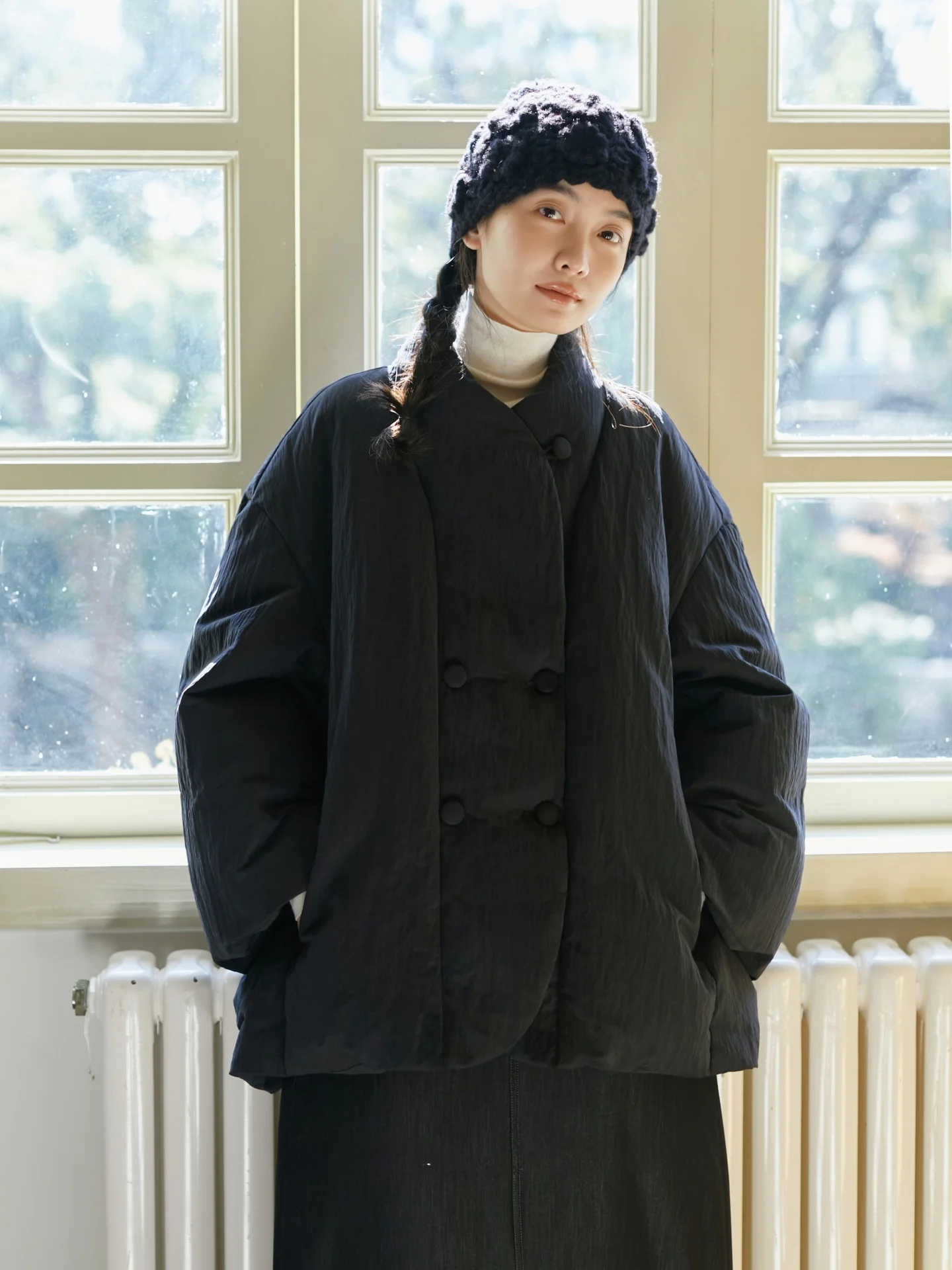 

Artistic Chinese Sle Carbon Bla Double Breasted Mid-Length Du down Jaet 90 White Du Feather Warm Thiened Ladies Coat