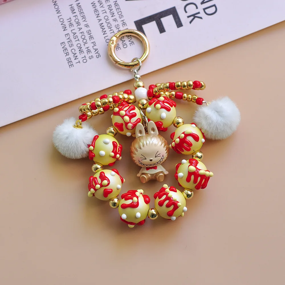 New Year Style Cute Cartoon Bubble Mart Phone Chain Hand-drawn Beaded Key Chains Ornaments