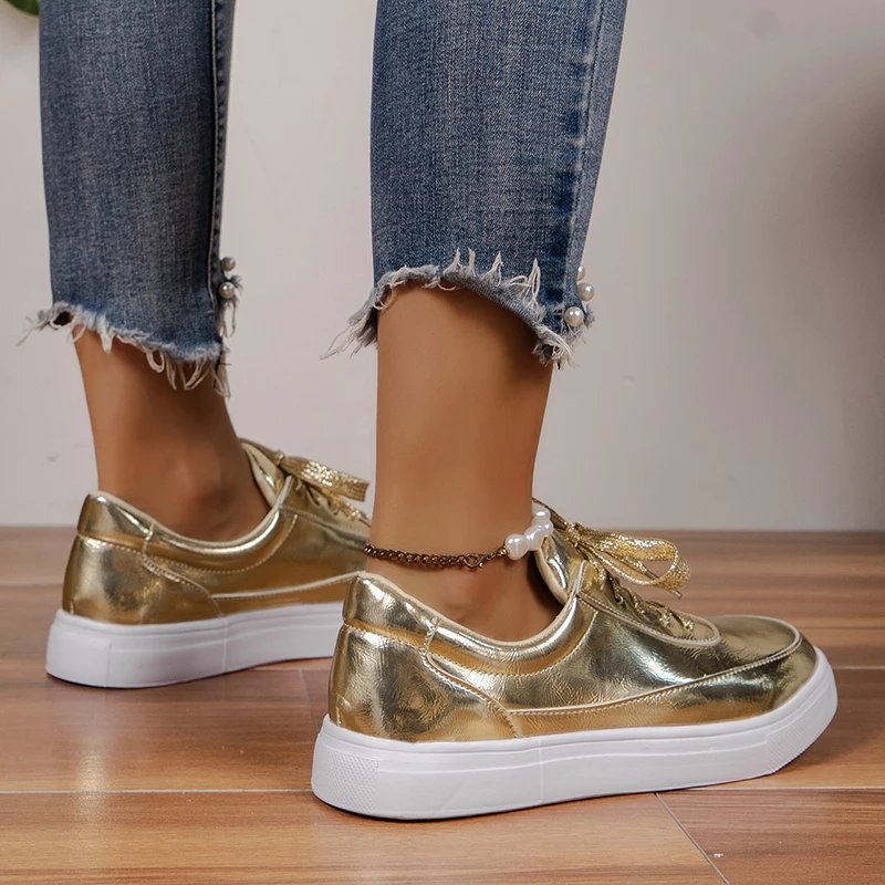 Gold Silver PU Leather Sneakers Women Non-Slip Lace Up Platform Casual Shoes Woman 2023 Autumn Flats Shoes Zapatos Mujer Size 43