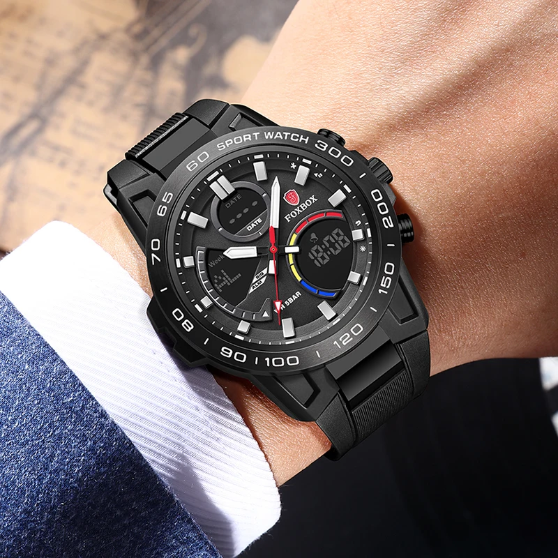 FOXBOX Watches For Men Luxury Digital Chronograph Analog Sport Watches Military Waterproof Wristwatch Man Genuine Silicone Clock