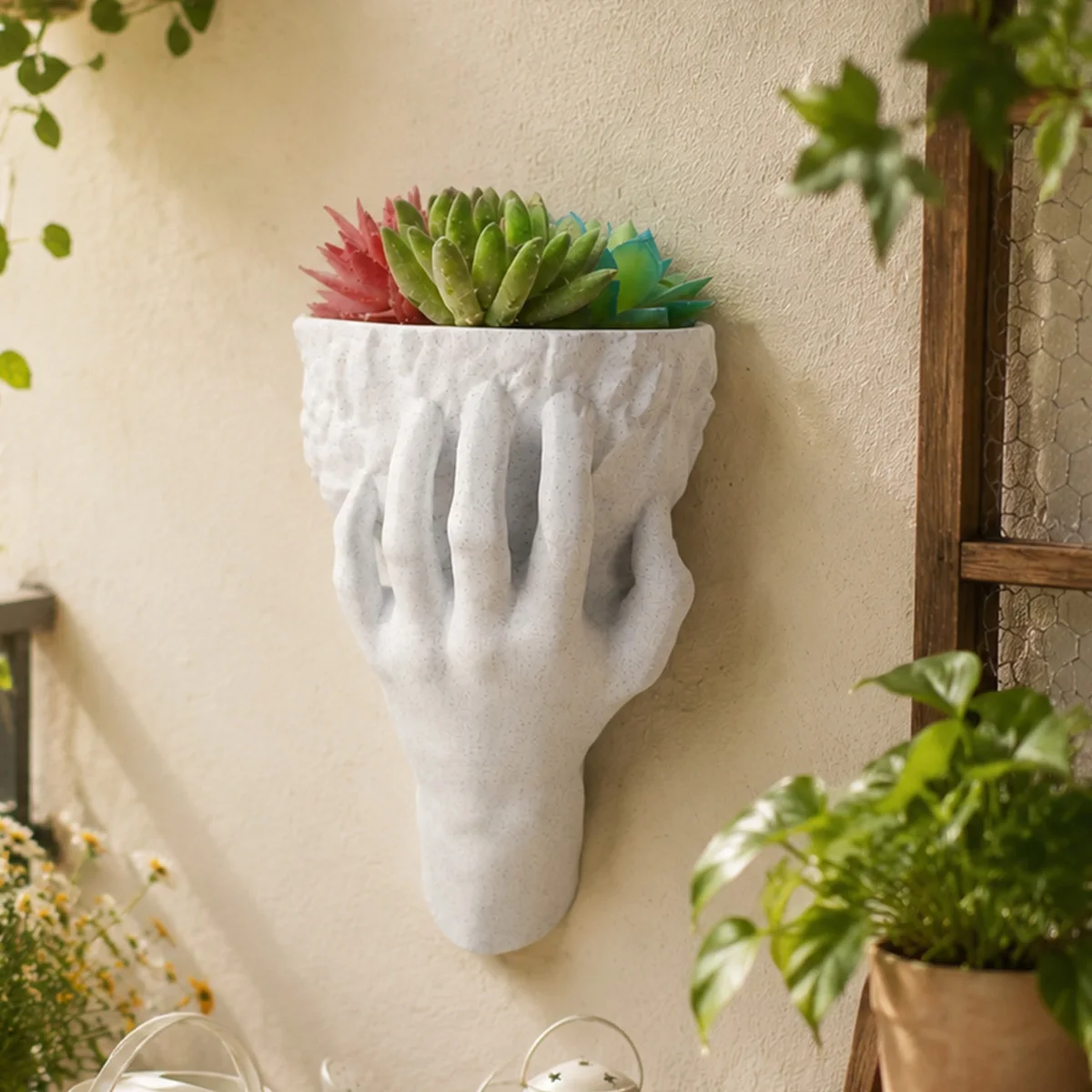Cross-border Art Human Figure Wall Planter, Vintage Sandstone Hand-held Lady Head Wall Mount Flower Pot for Succulent Dried Flow