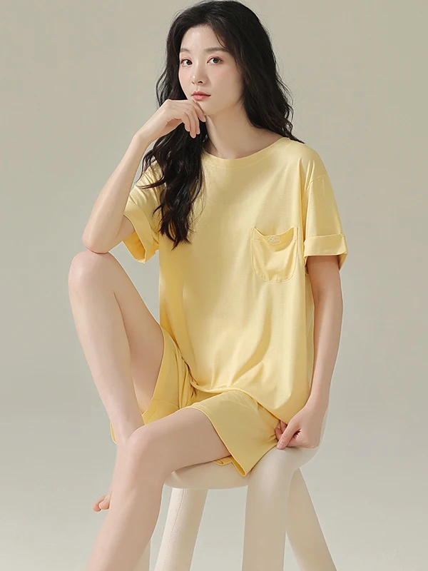 Ice Silk Modal Sleepwear Short Sleeve Thin Home Clothes Set for Women Summer Breathable Comfortable Print round Neck Pullover