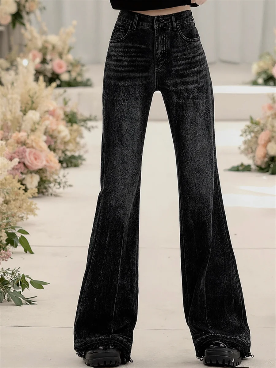 

Расклешенные потертые джинсы, женские джинсовые брюки 2025 года, женская одежда, зимняя флокированная тонкая минимализм, женская одежда с простыми деталями, молодежная одежда