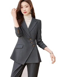 Blue Gray Black Striped Women Pant Suit Formal Office Ladies Work Wear Blazer Jacket And Trouser Female Business 2 Piece Set