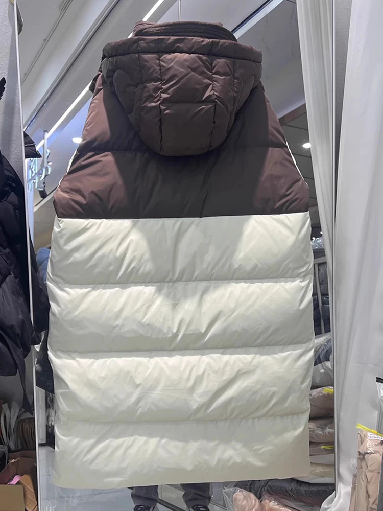 冬の新作フード付きダウンジャケット レディース ミディアム丈 膝丈 三段階厚手 ゆったり 多用途 ホワイトダックダウンジャケット
